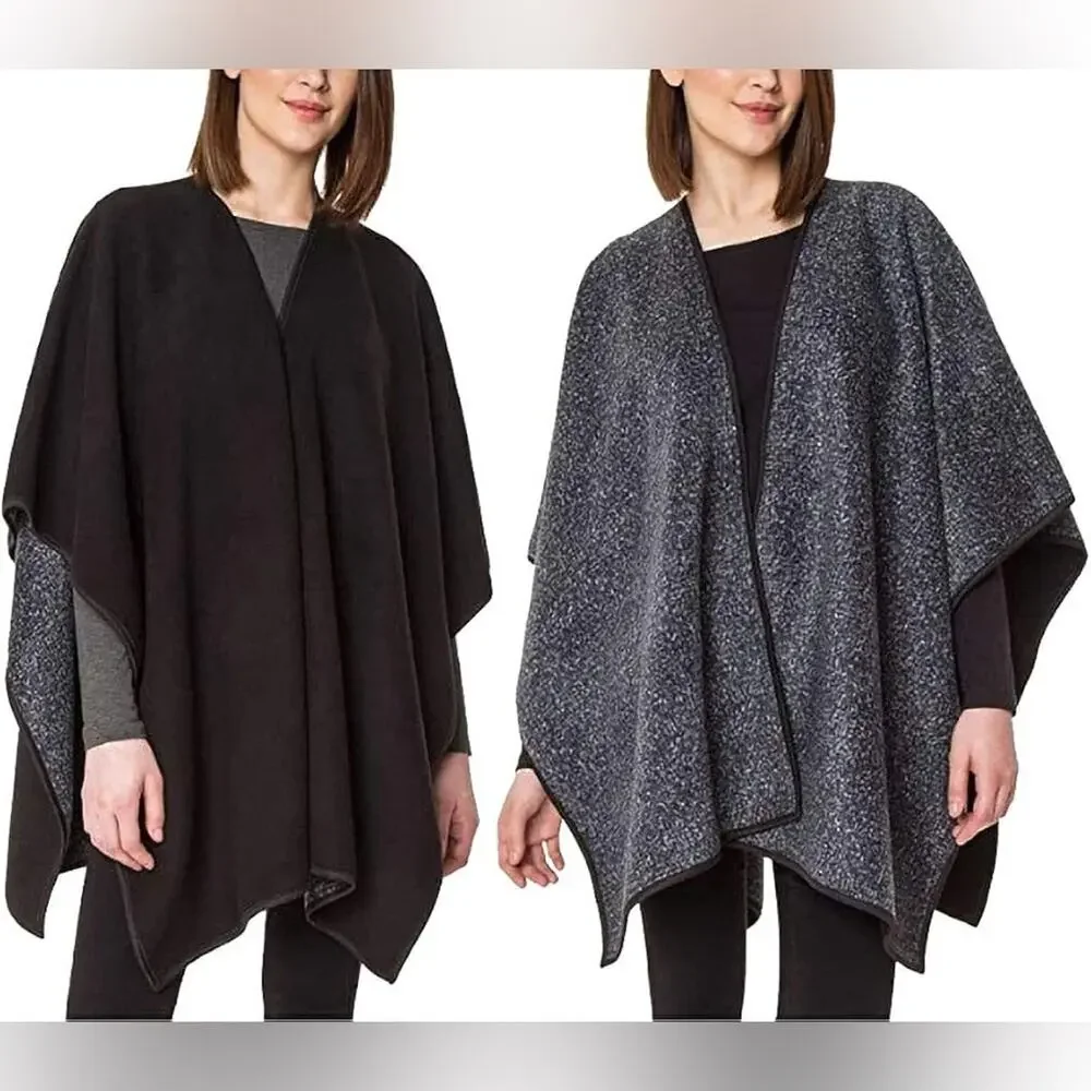 Ike Behar Reversible Ruana Poncho Womens OS Gray Black Open Front Wrap Cape